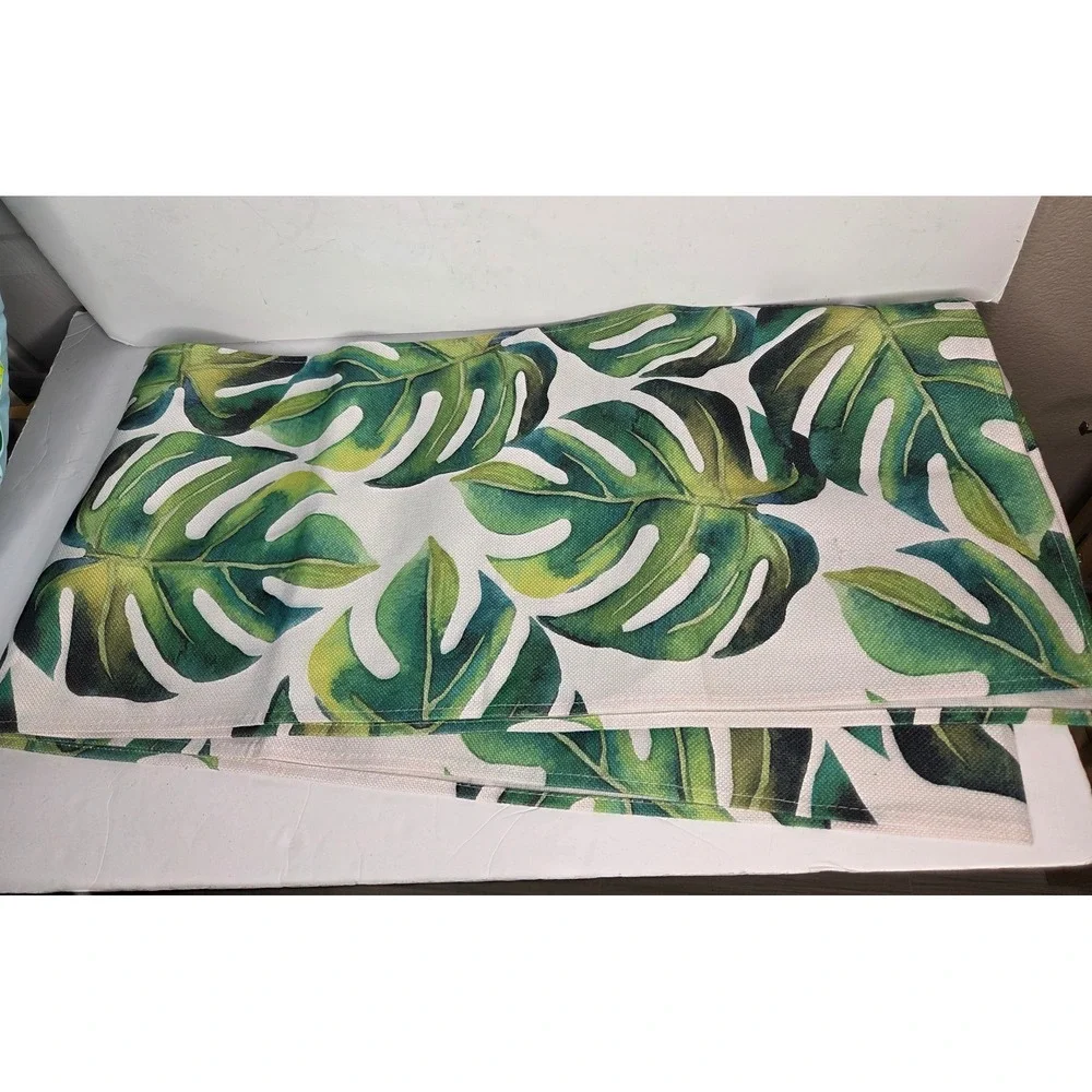 Tropical Monstera Leaf Table Runner Green White Palm Botanical Linen Blend 104in